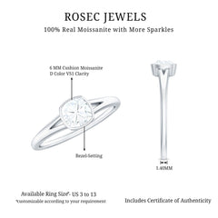 6mm Cushion Cut Moissanite Solitaire Split Shank Ring