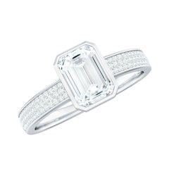 6X8mm Emerald Cut Moissanite Bezel Set Engagement Ring with Side Stones