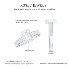 6X8mm Emerald Cut Moissanite Bezel Set Engagement Ring with Side Stones