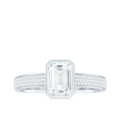 6X8mm Emerald Cut Moissanite Bezel Set Engagement Ring with Side Stones