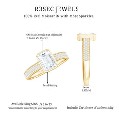 6X8mm Emerald Cut Moissanite Bezel Set Engagement Ring with Side Stones