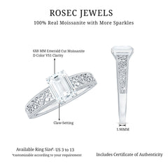 Certified Emerald Cut Moissanite Filigree Engagement Ring for Women
