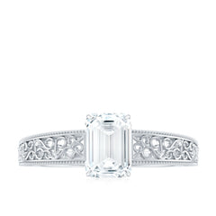 Certified Emerald Cut Moissanite Filigree Engagement Ring for Women
