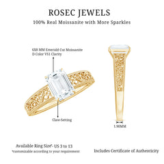 Certified Emerald Cut Moissanite Filigree Engagement Ring for Women