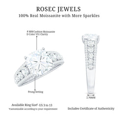 8 MM Cushion Cut Moissanite Engagement Ring with Side Stones