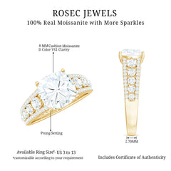 8 MM Cushion Cut Moissanite Engagement Ring with Side Stones