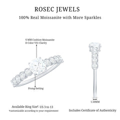 6mm Cushion Cut Moissanite Solitaire Engagement Ring with Side Stones