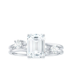 6x8mm Emerald Cut Moissanite Solitaire Double Band Engagement Ring
