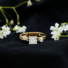 Princess Cut Moissanite Engagement Ring with Double Band