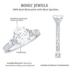 6x8mm Oval Cut Moissanite Celtic Engagement Ring with Engraving Details