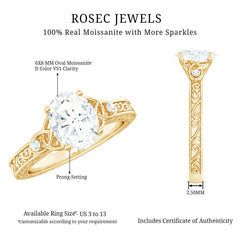 6x8mm Oval Cut Moissanite Celtic Engagement Ring with Engraving Details