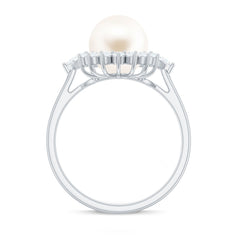 Classic Freshwater Pearl Halo Engagement Ring with Diamond