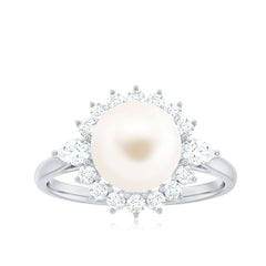 Classic Freshwater Pearl Halo Engagement Ring with Diamond
