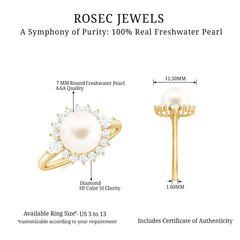Classic Freshwater Pearl Halo Engagement Ring with Diamond