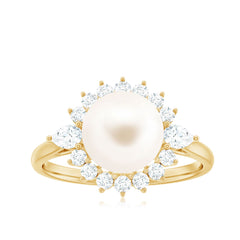 Classic Freshwater Pearl Halo Engagement Ring with Diamond