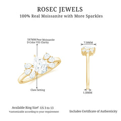 Certified Moissanite Pear Shape Engagement Ring with Trio