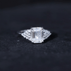 Certified Moissanite Emerald Cut Engagement Ring with Cluster Stones