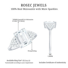 Certified Moissanite Emerald Cut Engagement Ring with Cluster Stones