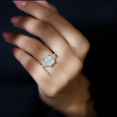 Certified Moissanite Emerald Cut Engagement Ring with Cluster Stones