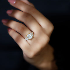 Certified Moissanite Emerald Cut Engagement Ring with Cluster Stones