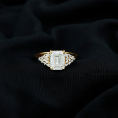 Certified Moissanite Emerald Cut Engagement Ring with Cluster Stones