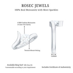 6X6 MM Cushion Cut Moissanite Solitaire Engagement Ring with Bypass Shank