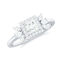 Princess Cut Moissanite Halo Engagement Ring with Certificate
