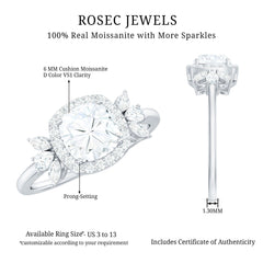 6mm Cushion Cut Moissanite Designer Halo Engagement Ring