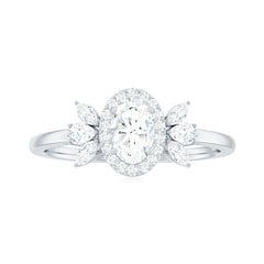4x6mm Oval Cut Moissanite Halo Engagement Ring with Trio