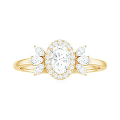 4x6mm Oval Cut Moissanite Halo Engagement Ring with Trio