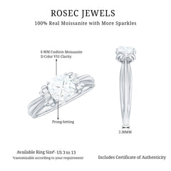 6mm Cushion Cut Moissanite Designer Solitaire Ring with Engraved Shank