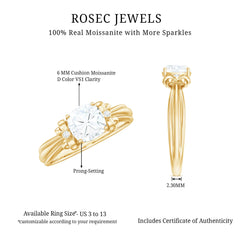 6mm Cushion Cut Moissanite Designer Solitaire Ring with Engraved Shank
