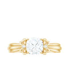 6mm Cushion Cut Moissanite Designer Solitaire Ring with Engraved Shank