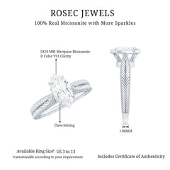 5x10mm Moissanite Marquise Engagement Ring with Leaf Engraved Shank