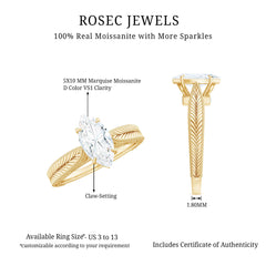 5x10mm Moissanite Marquise Engagement Ring with Leaf Engraved Shank