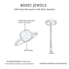 6mm Cushion Cut Moissanite Solitaire Ring in Bezel Setting