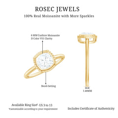 6mm Cushion Cut Moissanite Solitaire Ring in Bezel Setting