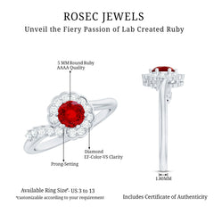 Certified Lab Created Ruby and Diamond Flower Engagement Ring