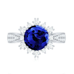 Lab Grown Blue Sapphire Round Engagement Ring with Diamond Accent