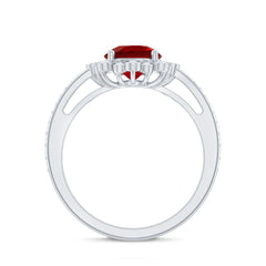 Vintage Style Lab Created Ruby and Diamond Halo Engagement Ring