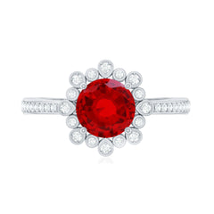 Vintage Style Lab Created Ruby and Diamond Halo Engagement Ring