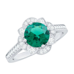 2 Carat Lab Grown Emerald Vintage Inspired Engagement Ring with Diamond