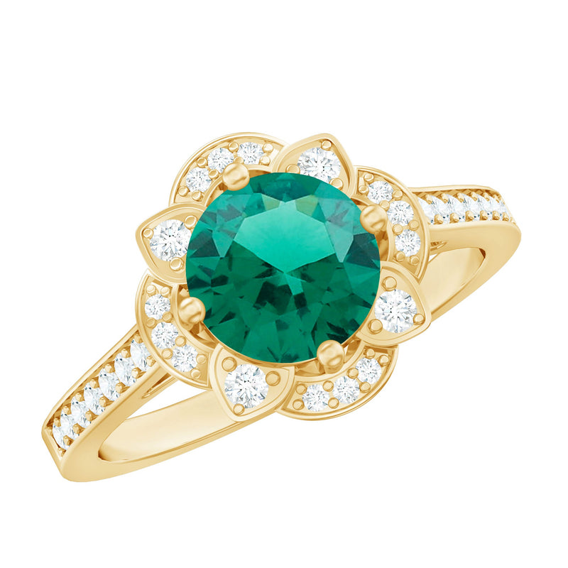 2 Carat Lab Grown Emerald Vintage Inspired Engagement Ring with Diamond