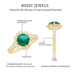 2 Carat Lab Grown Emerald Vintage Inspired Engagement Ring with Diamond