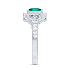 Lab Grown Emerald Vintage Inspired Engagement Ring with Diamond