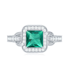 Lab Grown Emerald Vintage Inspired Engagement Ring with Diamond