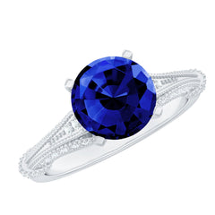 Vintage Style 2.7 Carat Lab Grown Blue Sapphire Engagement Ring with Diamond