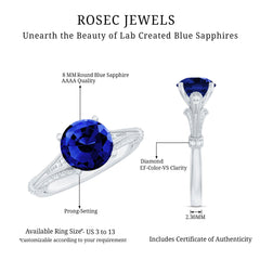 Vintage Style 2.7 Carat Lab Grown Blue Sapphire Engagement Ring with Diamond