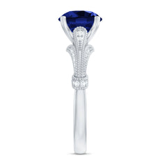 Vintage Style 2.7 Carat Lab Grown Blue Sapphire Engagement Ring with Diamond