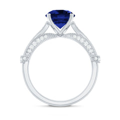 Vintage Style 2.7 Carat Lab Grown Blue Sapphire Engagement Ring with Diamond